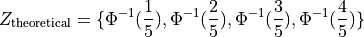 Z_{ \text{theoretical} } = \{ \Phi^{-1}(\frac{1}{5}), \Phi^{-1}(\frac{2}{5}), \Phi^{-1}(\frac{3}{5}), \Phi^{-1}(\frac{4}{5}) \}