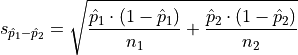 s_{\hat{p}_1 - \hat{p}_2} = \sqrt{ \frac{ \hat{p}_1 \cdot (1-\hat{p}_1) }{n_1} + \frac{ \hat{p}_2 \cdot (1-\hat{p}_2) }{n_2} }